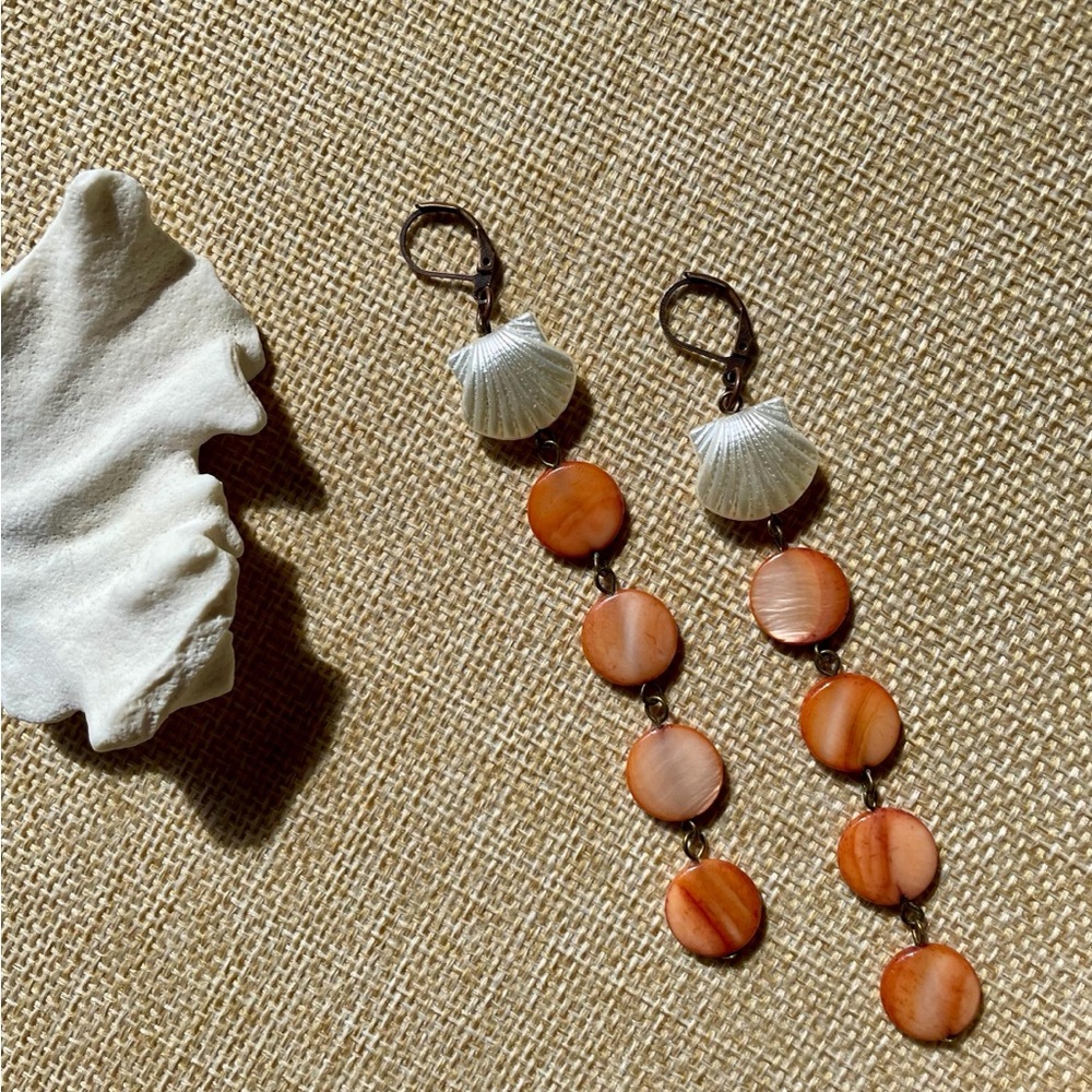 Seashell & Coral Disc Drop Earrings - Peachy Orange